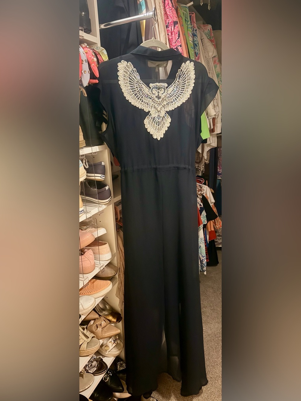 Sheryl Crow Beaded Owl Design Navy Hi Lo Dress L - New without Tags - Picture 2 of 9